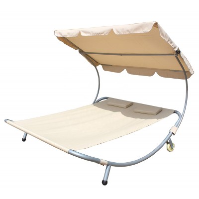 Patio Outdoor Portable Double Chaise Lounge Hammock Bed with Sun Shade and Wheels